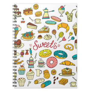 Caderno Espiral Doces de rabisco coloridos comida em branco. Vinta