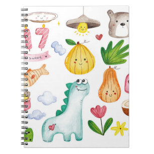 Caderno Espiral Dodótulos kawaii aquarela isolados em fundo branc