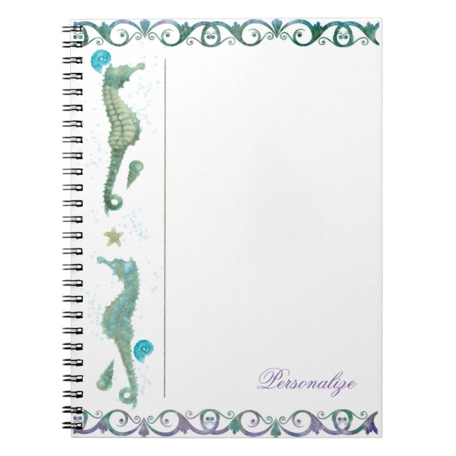 Caderno Espiral Dois Cavalos-Marinhos Aquarela Praia Elegante Pers (Frente)
