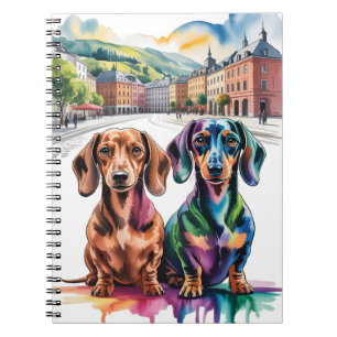 Caderno Espiral Dois Dachshunds Coloridos na Praça da Cidade Europ