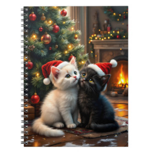 Caderno Espiral Dois gatinhos de Natal fofos com chapéus de Papai 
