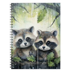 Caderno Espiral Dois guaxinins bebês na chuva