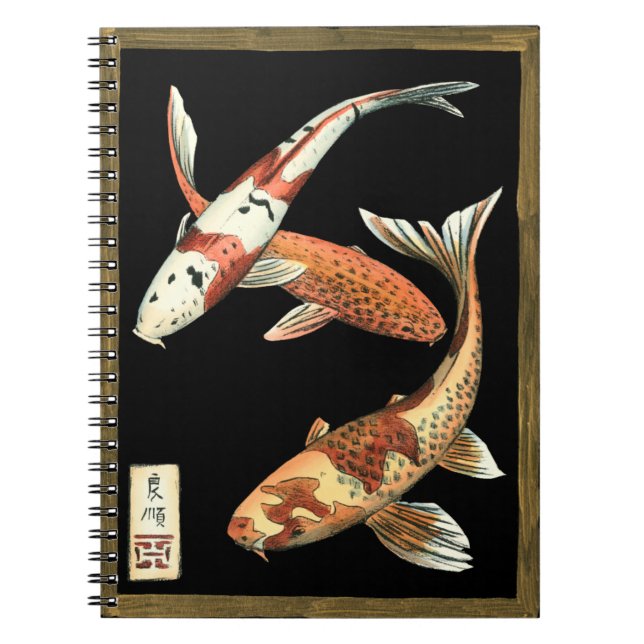 Caderno Espiral Dois Koi Goldfish japoneses em preto (Frente)