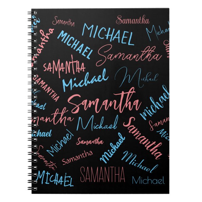 Caderno Espiral Dois nomes casal padrão monograma rosa claro azul (Frente)