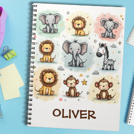 Caderno Espiral Doodle de Animais de Safari em Aquarela Caprichosa