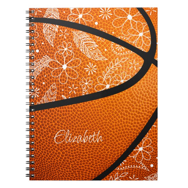 Caderno Espiral doodle penas flores paisley boho basquete (Frente)