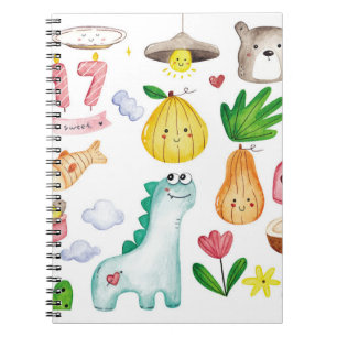 Caderno Espiral Doodle watercolor kawaii, pronto para adesivos.