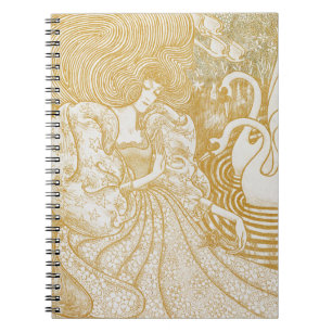 Caderno Espiral Dourada Art Nouveau Vintage Mulher Desenhando Aes 