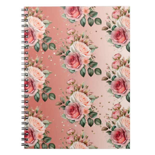 Caderno Espiral Dourada Confetti Rosa Rosas Rosa Floral (Frente)