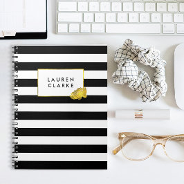 Caderno Espiral Dourada de Stripe Negra e Faux