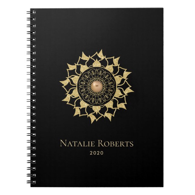 Caderno Espiral Dourada Flor de Mandala Preto Elegante (Frente)