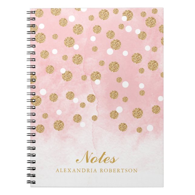 Caderno Espiral Dourada Glitter Confetti Pontos em Aquarela Rosa (Frente)