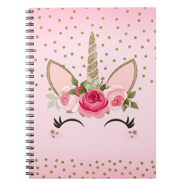 Caderno Espiral Dourada tendência de glitter e Unicórnio Floral Ro (Frente)