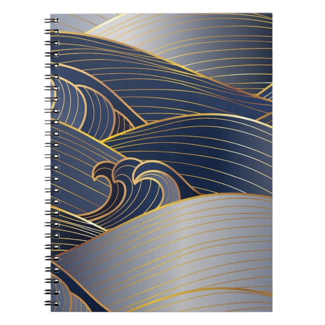 Caderno Espiral Dourada Wave Lines, Abstrato Vintage. (Frente)