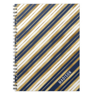 Caderno Espiral Douradas faixas azuis e brancas