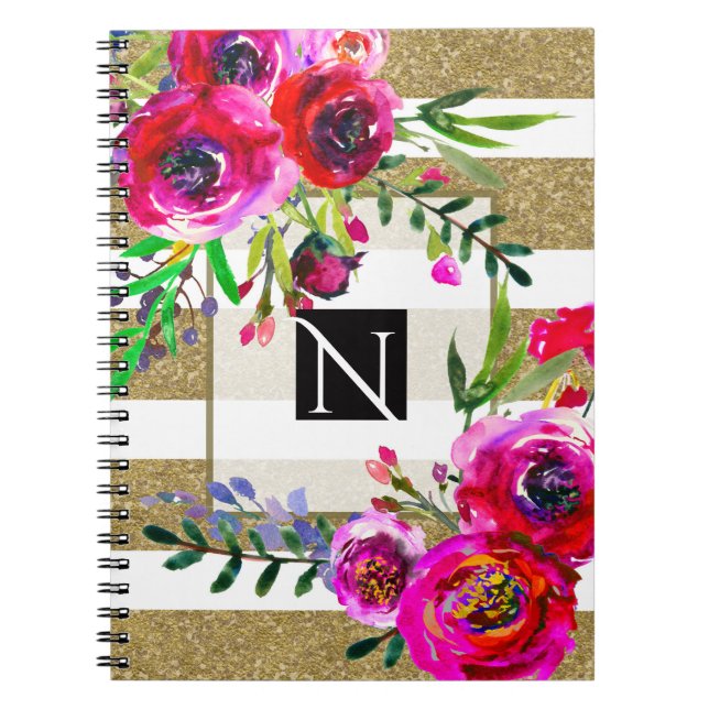 Caderno Espiral Douradas Stripes Brancas Glama Floral (Frente)