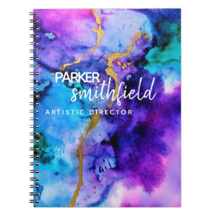 Caderno Espiral Dourado Azul Púrpura Aquarela
