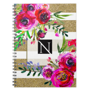 Caderno Espiral Dourado Branco Listras Ousado Glam Floral Botânico