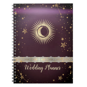 Caderno Espiral Dourado Celestial Sol E Lua Estrelas Borgonha