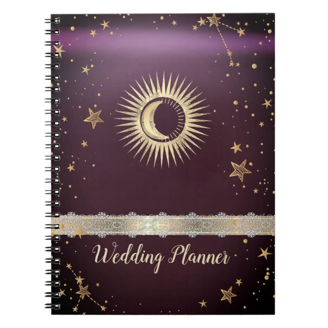 Caderno Espiral Dourado Celestial Sol E Lua Estrelas Borgonha (Frente)