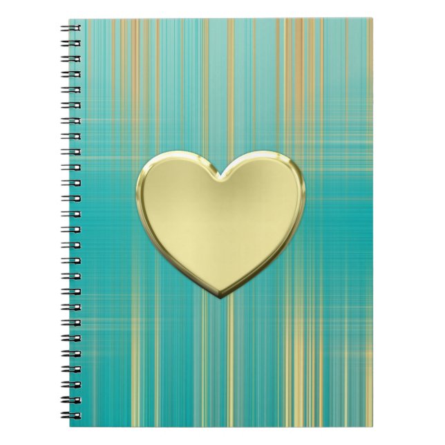 Caderno Espiral Dourado Coração na Xadrez Turquesa (Frente)