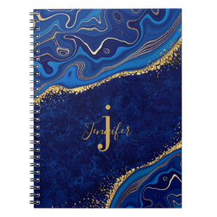 Caderno Espiral Dourado e Azul Agate Moderno Elegante Marble Perso