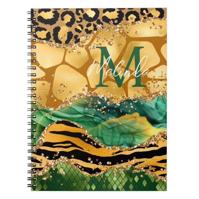 Caderno Espiral Dourado e Verde Safari Animal Print Agate (Frente)