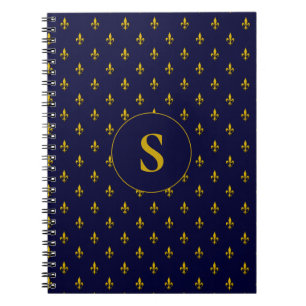 Caderno Espiral Dourado Fleur de Lis Patterno sobre o Real Azul
