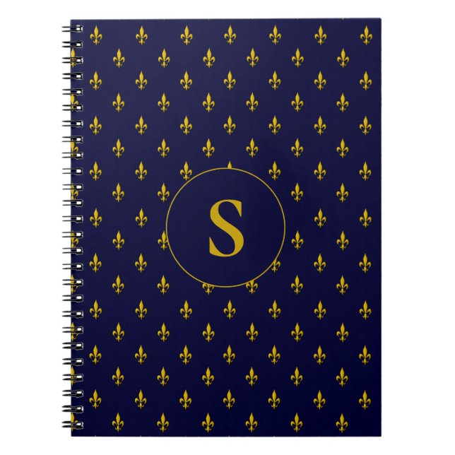 Caderno Espiral Dourado Fleur de Lis Patterno sobre o Real Azul (Frente)