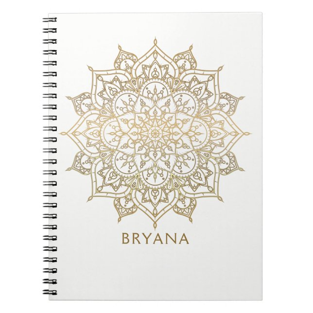 Caderno Espiral Dourado Glam Moderno do Glamor Chic Branco Mandala (Frente)