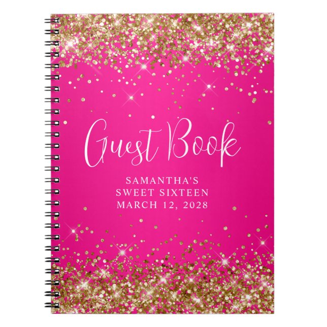 Caderno Espiral Dourado Glitter Hot Pink Ombre Sweet 16 Guest (Frente)