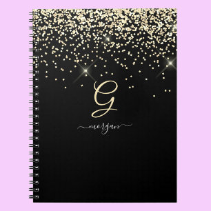 Caderno Espiral Dourado Glitter & Monograma - Nome do Script Branc