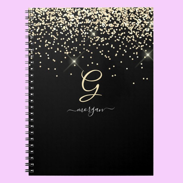 Caderno Espiral Dourado Glitter & Monograma - Nome do Script Branc (Criador carregado)