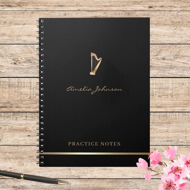 Caderno Espiral Dourado Harp Elegante Script Simples Musico Modern (Criador carregado)