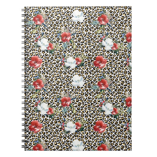 Caderno Espiral Dourado Leopardo Impresso Vermelho Floral Branco (Frente)