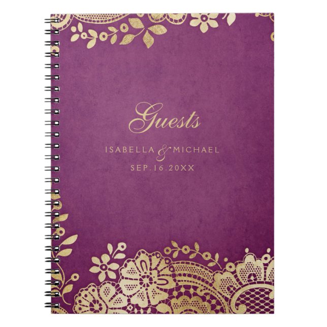 Caderno Espiral Dourado livro de hóspedes elegante de rendas roxas (Frente)