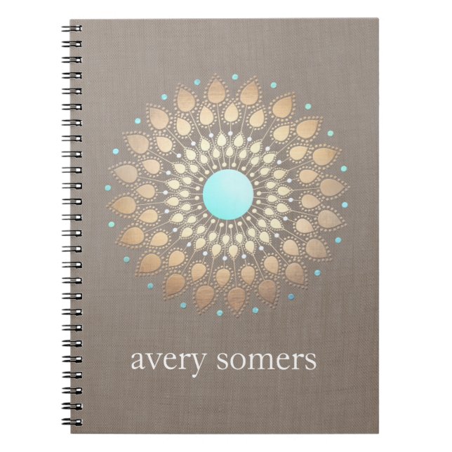 Caderno Espiral Dourado Lotus Mandala Bem-Estar Natural (Frente)