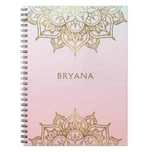 Caderno Espiral Dourado Mandala Rosa Bege Chique Glamour Moderno G