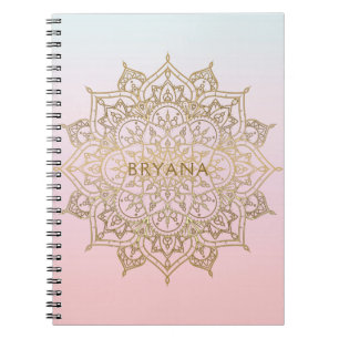 Caderno Espiral Dourado Mandala Rosa Pêssego Chic Glamour Moderno 