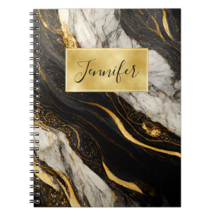 Caderno Espiral Dourado Marble Moderno, preto e branco Elegante