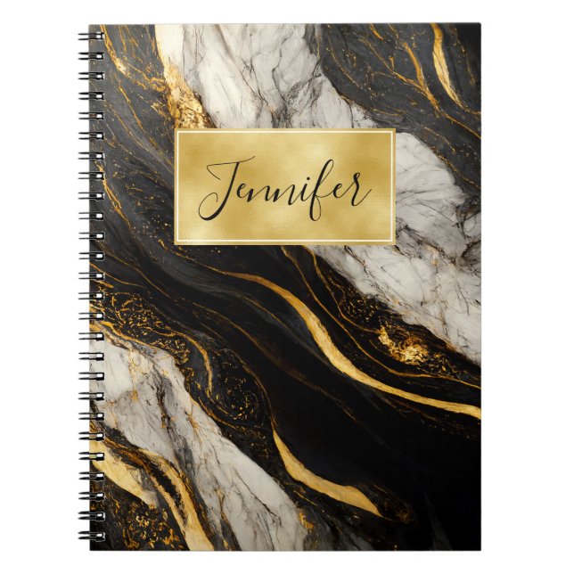 Caderno Espiral Dourado Marble Moderno, preto e branco Elegante (Frente)