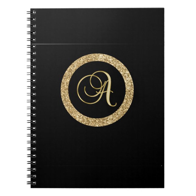 Caderno Espiral Dourado monograma A preto, (Frente)