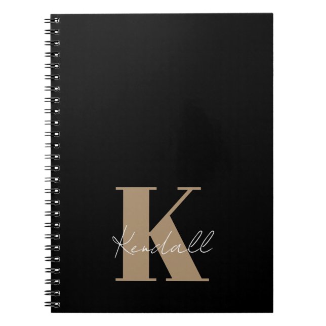 Caderno Espiral Dourado Monograma de Script Moderno Preto (Frente)