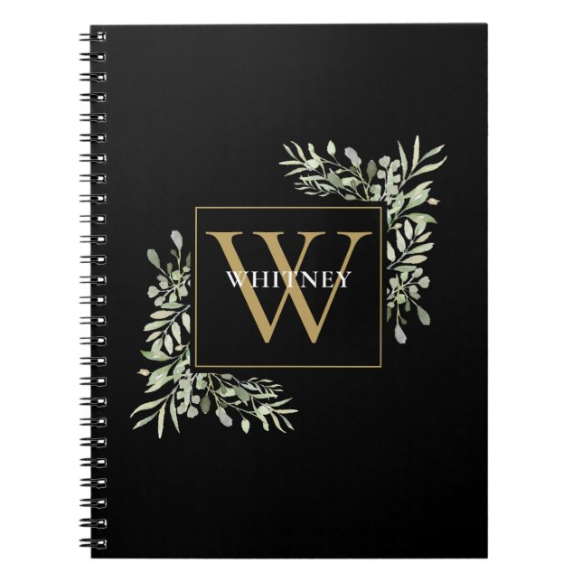 Caderno Espiral Dourado Monograma Elegante Eucalyptus Verde Preto (Frente)