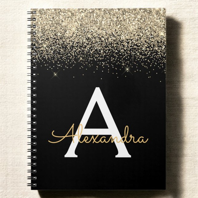 Caderno Espiral Dourado Monograma Preto Brilhante Moderno (Criador carregado)