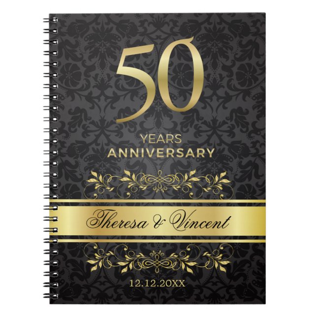 Caderno Espiral Dourado Negra Damasco 50 Aniversário de Casamento (Frente)