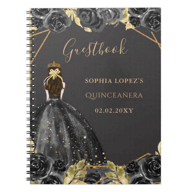 Caderno Espiral Dourado negro Princesa Floral Quinceanera Livro Co (Frente)