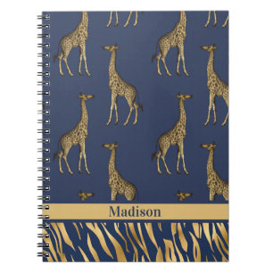 Caderno Espiral Dourado nome azul Giraffe Tiger Eleger Chic Na mod