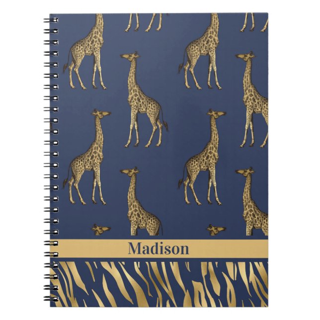 Caderno Espiral Dourado nome azul Giraffe Tiger Eleger Chic Na mod (Frente)