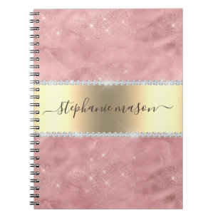 Caderno Espiral Dourado Rosa Brilho Diamante Dourado Moderno